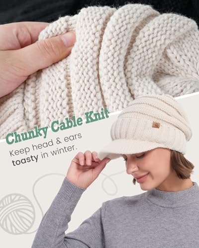 Women Men Winter Beanie Hat with Visor, Warm Fleece Lined Beanie Cap, Thick Knit Cap Slouchy Hat with Brim - color: Beige