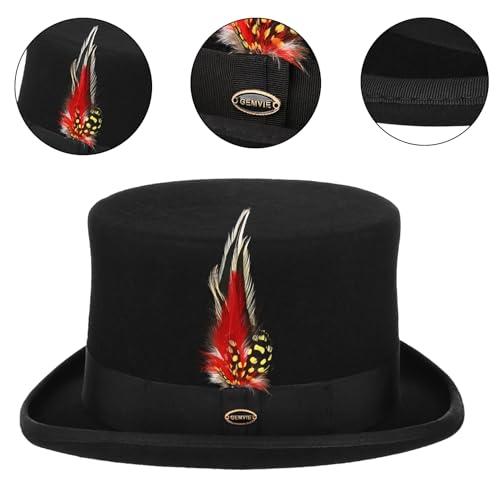 GEMVIE Men 100% Wool Top Hat Mad Hatter Satin Lined Black Low Top Hats for Party - color: Black-5.5" High, size: 6 7/8