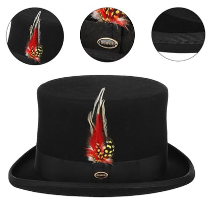 GEMVIE Men 100% Wool Top Hat Mad Hatter Satin Lined Black Low Top Hats for Party - color: Black-5.5" High, size: 7 5/8