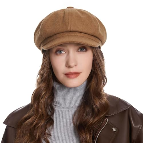 ZLYC Women Classic Newsboy Cap Visor 8 Panel Gatsby Cabbie Paperboy Hat - color: Camel