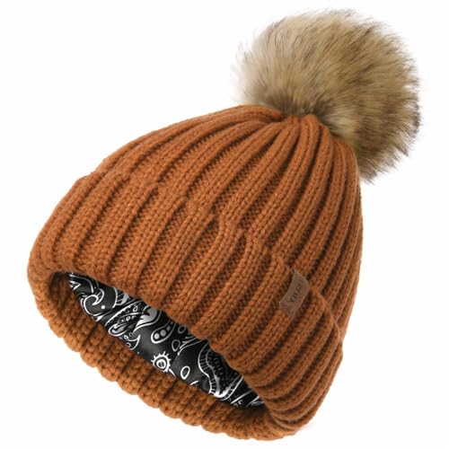 FURTALK Womens Winter Beanie Hat Satin Lined Faux Fur Pom Pom Beanies Hat for Women Winter Warm Knit Hats - color: Camel