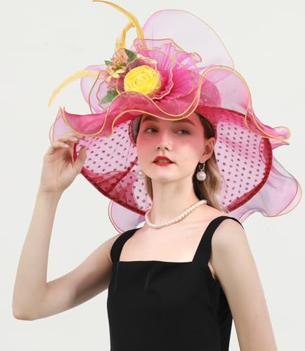 Women Derby Church Hat Organza Flower Wedding Tea Party Fascinator Wide Brim Sun Hat - color: 14-rose Red