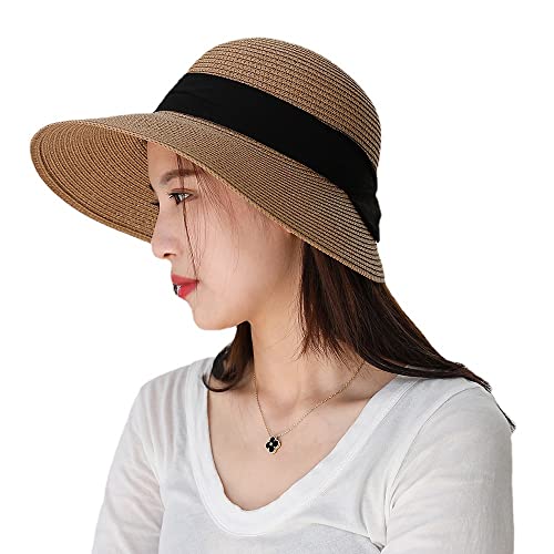 Summer Beach Sun Straw Hats for Women Wide Brim Packable Travel Bucket Hats UPF 50+ - color: Brown, With Black Band