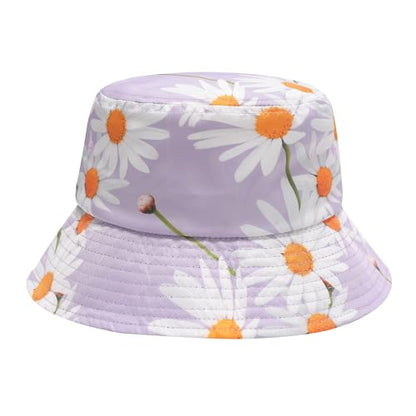 ZLYC Printed Bucket Hat for Women Men Packable Summer Sun Hat for Beach - color: Daisy Purple