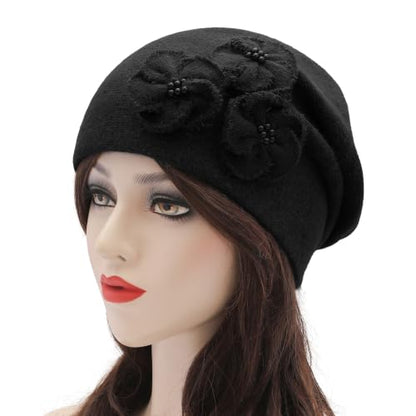 ZLYC Women Floral Slouchy Beanie Hat Double Layer Winter Knit Skull Cap - color: Solid Black