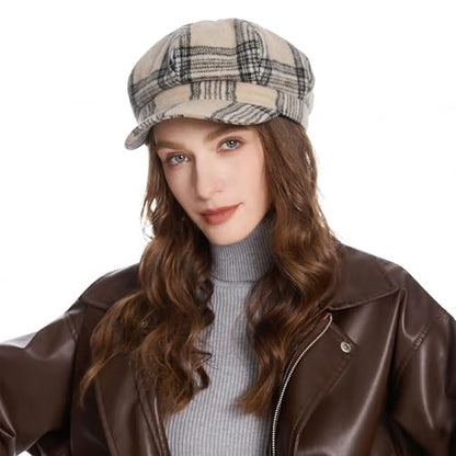 ZLYC Women Classic Newsboy Cap Visor 8 Panel Gatsby Cabbie Paperboy Hat - color: Tartan Plaid Beige