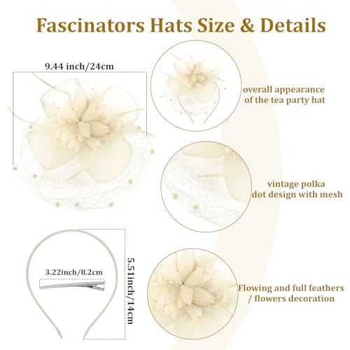 Semato Fascinators Hats for Women Mesh Feathers Elegant Champagne Tea Party Kentucky Hat Derby Headband with Hair Clip - color: Off-white
