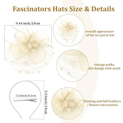 Semato Fascinators Hats for Women Mesh Feathers Elegant Champagne Tea Party Kentucky Hat Derby Headband with Hair Clip - color: Off-white