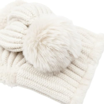 HUAMULAN Women Winter Knit Beanie Hats One Piece Fleece Lined Balaclavas - color: Cream White + Faux Fur