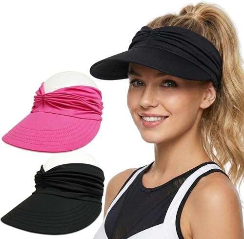 2 Pack Sun Visor Hat Wide Brim Womens Beach Hats Foldable Golf Women Visors - color: Black, Rose Red