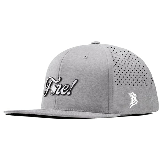 Branded Bills Fore! Performance Golf Hat for Men, 6 Panel Flat Bill Snapback Baseball Cap - color: Heather Grey