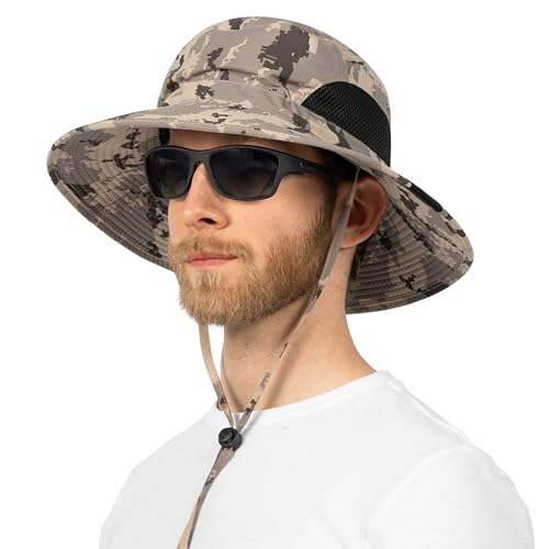SUN CUBE Wide Brim Sun Hat for Men & Women, UPF 50+ UV Protection, Mesh Boonie Hat with Chin Strap, Fishing Hiking Hat - color: Camo Grey