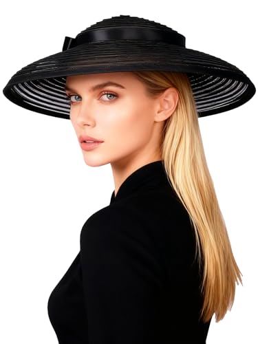 Vintage Fascinators Pillbox Hat for Women Straw Fedora Wide Brim Ladies Church Sinamay Derby Hats - color: Black 1