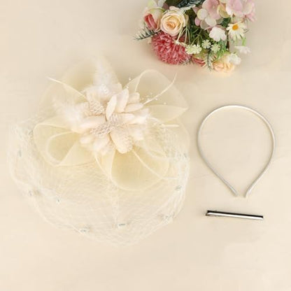 Semato Fascinators Hats for Women Mesh Feathers Elegant Champagne Tea Party Kentucky Hat Derby Headband with Hair Clip - color: Off-white
