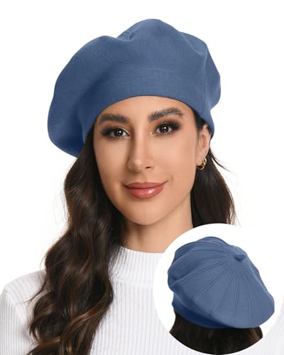 Women's Knitted Beret, French Style Double Layer Winter Autumn Warm and Soft Beanie Hat Cap - color: Z-denim Blue