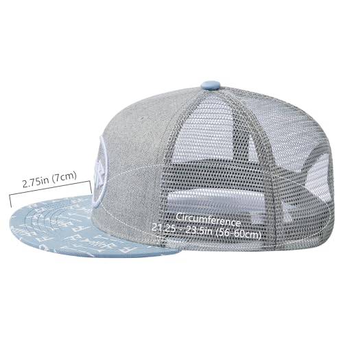 BASSDASH Flat Brim Trucker Cap Adjustable Snapback Hat Mesh Back for Men Women - color: Heather Grey and Blue