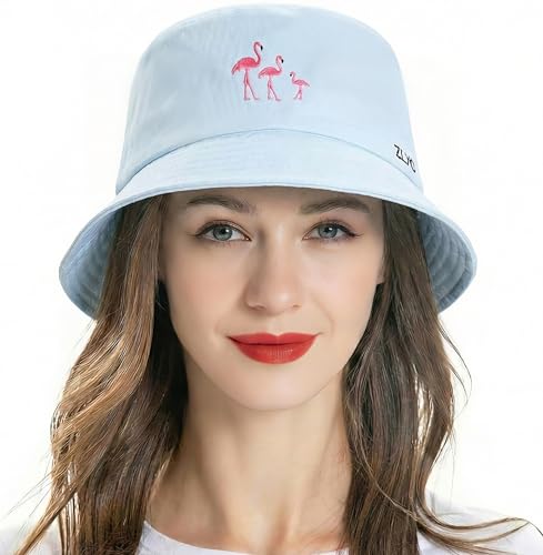ZLYC Cotton Bucket Hat for Women Men Embroidered Packable Summer Sun Cap - color: Blue Flamingo