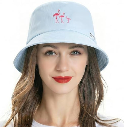 ZLYC Cotton Bucket Hat for Women Men Embroidered Packable Summer Sun Cap - color: Blue Flamingo