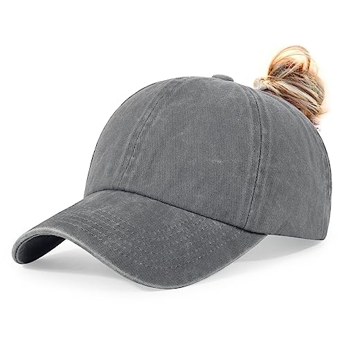 HH HOFNEN Ponytail Hat for Women Washed Distressed Baseball Cap Ponycaps - color: #1-1 Grey