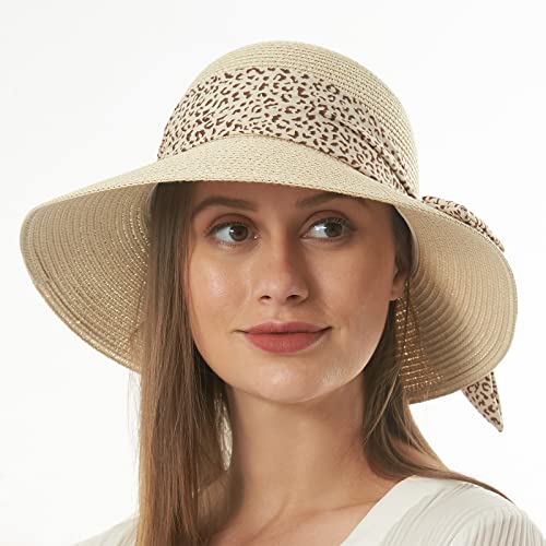 Womens Straw Sun Hat Summer Beach Wide Brim UV Protection Hats with Chin Strap Floppy Foldable Cute Bowknot UPF 50 Cap - color: Leopard Beige