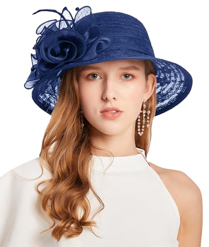 Organza Fascinator Hat - Women’s Wide Brim Church Bridal Tea Party Wedding Hat - color: 03-dark Blue