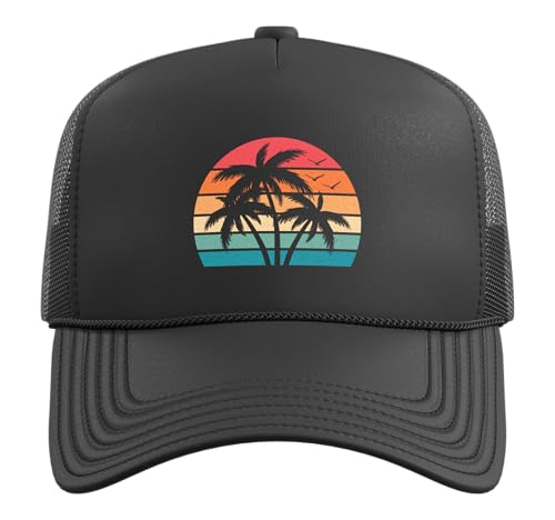 Retro Tropical Beach Palm Trees Hawaii Sunset Men Women Kids Trucker Hat with Adjustable Mesh Back - color: Black
