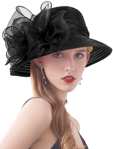 Women's Kentucky Derby Church Dress Hat Wide Brim Leaf Flower Bridal Shower Hat - color: 01 Black