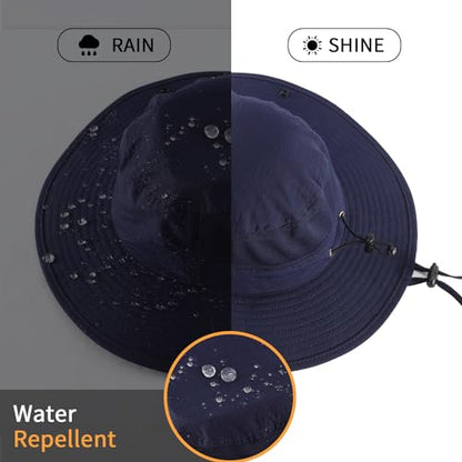 Home Prefer UPF50+ Mens Sun Hat Wide Brim Womens UV Protection Beach Bucket Hat for Fishing Hiking Snap Up Cowboy Hat - color: Navy Blue