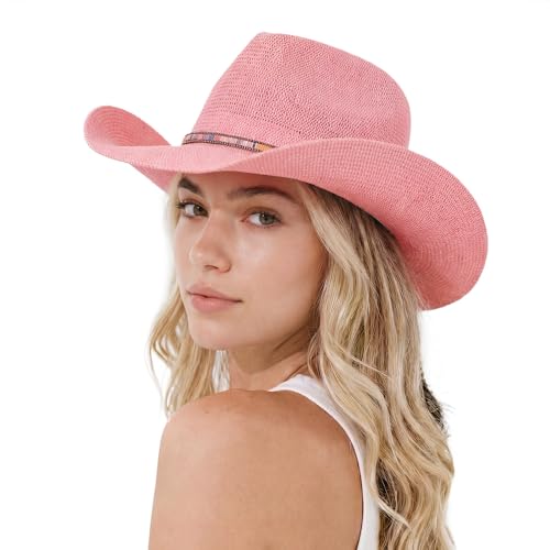 C.C Knitted Cowboy Hat for Women Lightweight Woven Western Hat with Multicolor Trim Band, Wide Brim Summer Sun Hat - color: Pink