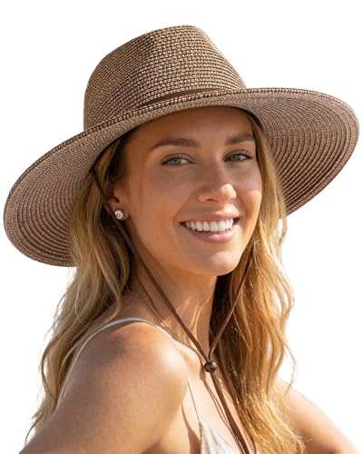 FURTALK Sun Hat Panama Fedora Straw Beach Hat with Wind Lanyard UPF - color: Coffee Brown, size: Large-X-Large