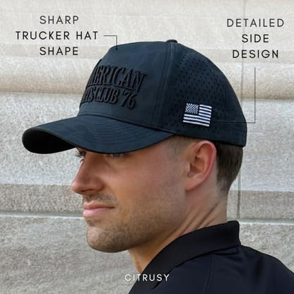 CITRUSY Athletic Trucker Golf Hat | Performance Mens 5 Panel Cap | Cool Breathable Waterproof Workout Running Snapback - color: American Sports Club |Black Camo