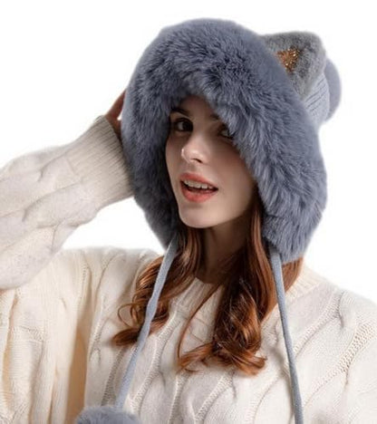 Outdoor Warm Earflap Beanie Hat with Brim Baseball Slouchy Knitted Visor Skull Caps for Women Men Black - color: Grey