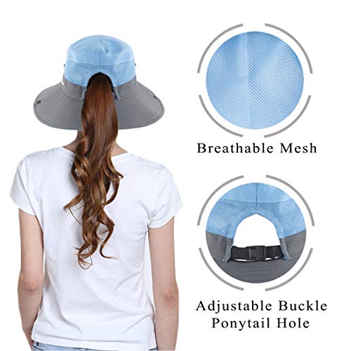 Muryobao Women's Ponytail Sun Hat UV Protection Foldable Mesh Wide Brim Beach Fishing Hat - color: Sky Blue