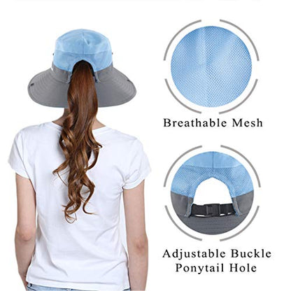 Muryobao Women's Ponytail Sun Hat UV Protection Foldable Mesh Wide Brim Beach Fishing Hat - color: Sky Blue
