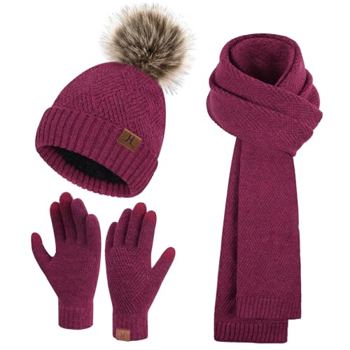 FZ FANTASTIC ZONE Women's Winter Warm Beanie Hats Scarf Touchscreen Gloves - color: Rose Red