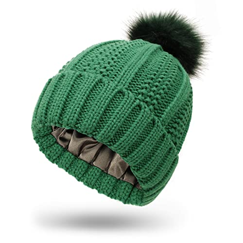 Muryobao Womens Satin Lined Beanie Hat with Faux Fur Pom Cuffed Winter Warm Knit Skull Cap - color: Green