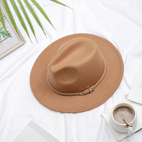 DRESHOW Women Classic Felt Fedora Wide Brim Floppy with Belt Buckle Panama Hat - color: Khaki (Khaki Belt)