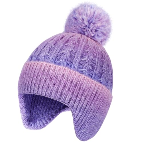 Toddler Earflap Beanie Hat with Rainbow Pom for Little Girls Knitted Beanies Kids Winter Skiing Caps Age 3-8 - color: Multicolor 01