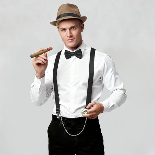 BABEYOND 1920s Mens Gatsby Gangster Accessories Set Panama Hat Suspender Bow Tie - color: Camel Set