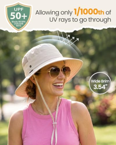 2-in-1 Womens Bucket Sun Hats, Sun Visor Hat, UPF 50+ Wide Brim, Ponytail-Friendly, Packable, Hiking Outdoor - color: Beige