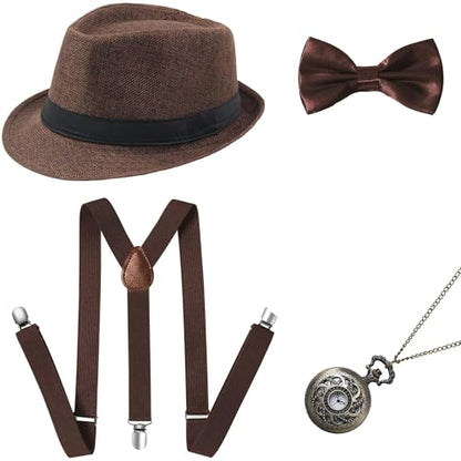 BABEYOND 1920s Mens Gatsby Gangster Accessories Set Panama Hat Suspender Bow Tie - color: Brown Set