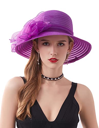 Women's Kentucky Derby Church Dress Hat Wide Brim Leaf Flower Bridal Shower Hat - color: 01 Purple