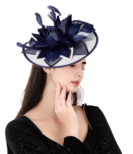 ORIDOOR Women Fascinators Derby Church Tea Party Wedding Flower Feathers Headpiece with Headband Clips - color: 02-navy Blue White