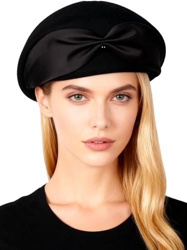 HIMESPORT Wool Felt Beret Hat for Women - Bowknot Bead Decor, Winter Church Tea Party Fascinator, Wedding Cocktail Dress - color: Black