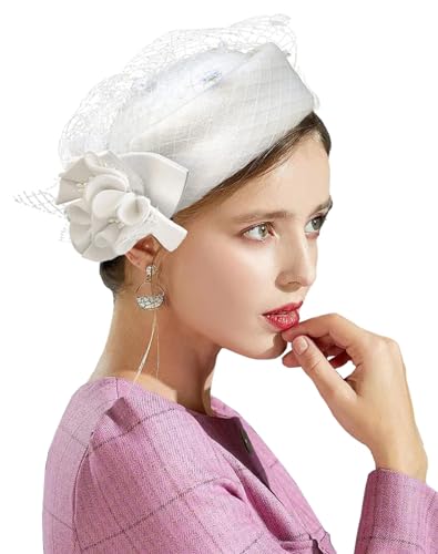 ORIDOOR Women's British Style Pillbox Church Derby Wedding Winter Vintage Fascinator Beret 100% Wool Felt Veil Hat - color: 02b-white