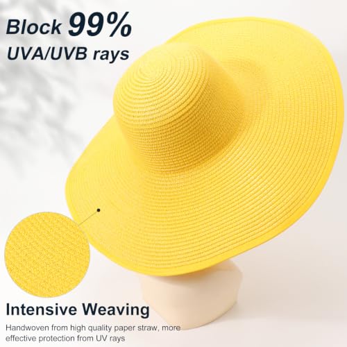 DRESHOW Big Straw Sun Hats for Women Floppy Foldable Roll up Beach Cap Sun Hat UPF 50+ Vacation Honeymoon Embroidered Hat - color: Medium Size: Yellow / Brim 5.5" (Head Circumference 22-22.8")