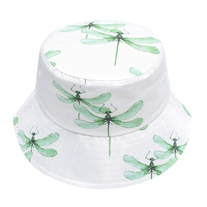 ZLYC Printed Bucket Hat for Women Men Packable Summer Sun Hat for Beach - color: Dragonfly White