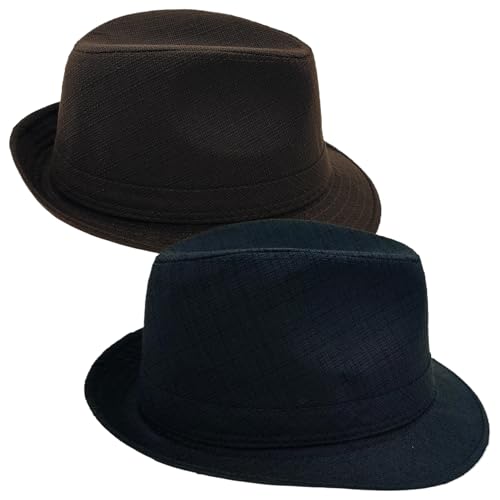 2 Pack Classic Fedora Hats Short Brim Trilby Panama Caps Cosplay Costumes Jazz Hat - color: Black + Brown, size: Large-X-Large