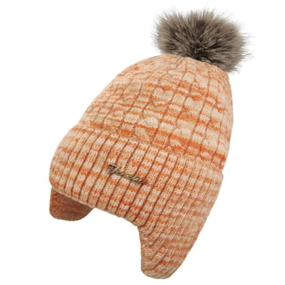 FENELY Women's Knitted Warm Beanie Winter Hat, Warm Chunky Snow Hat with Pompom - color: Orangespacedye