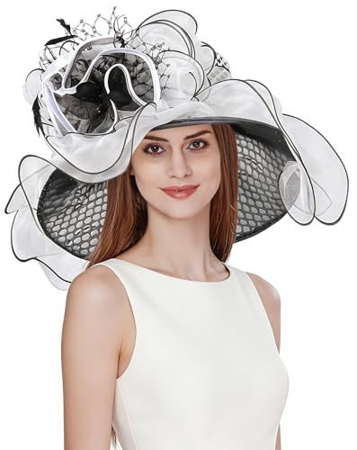 Z&X Women Organza Church Derby Hat Wide Brim Sun Hats for Wedding Tea Party Fascinator Hat, Dual-use - color: 2001- Black and White